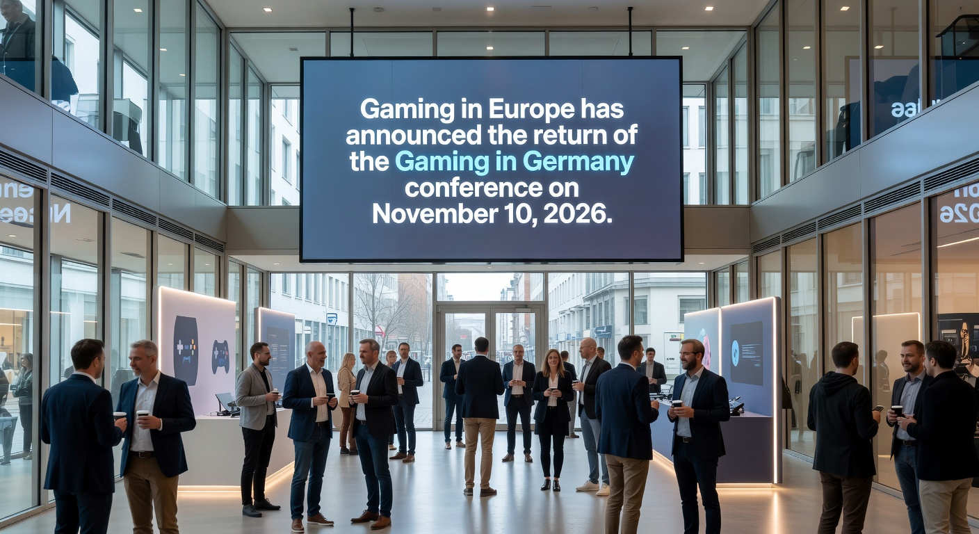 Szene von einer Gaming-Konferenz mit Speakern und Publikum in Berliner Kulisse